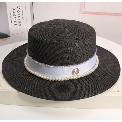 High Quality Summer Elegant Retro Women Flat Top Straw Hat Leisure Wide Brim Sun Hats M Letter Pearl Breathable Travel Beach Cap