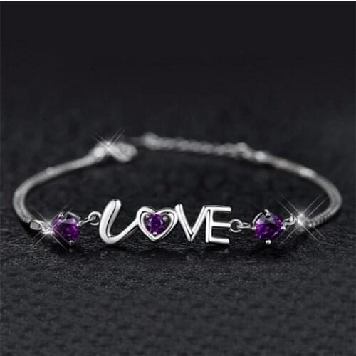 TJP New Fashion 925 SilverBracelets For Women Engagement Party Anklets Trendy Purple Crystal Love Girl Silver Bracelets Bijou