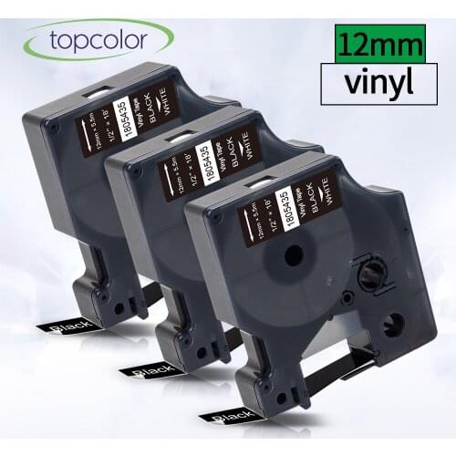 Topcolor 3PK Permanent Vinyl Label Tape 12mm Fit Dymo Rhino 1805435 Industrial Label Maker White on Black for Rhino 4200 6500