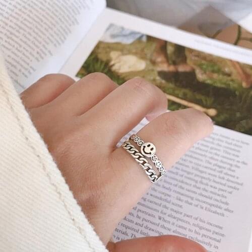 XIYANIKE 925 Sterling Silver Vintage Handmade Wedding Rings Creative Smiling Face Jewelry for Men Women Size 17mm Adjustable