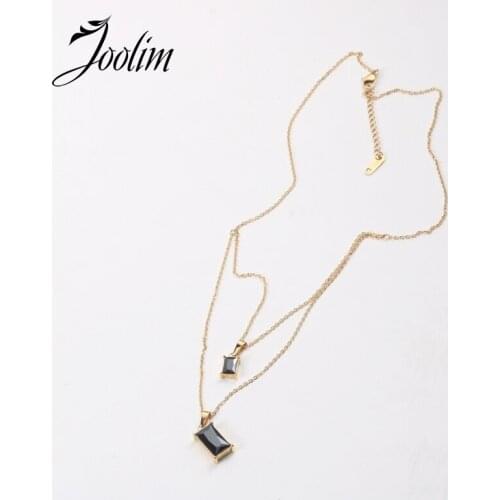 Joolim Jewelry PVD Gold Finish Double-deck Square Black Glass Pendant Necklace Stylish Stainless Steel Necklace
