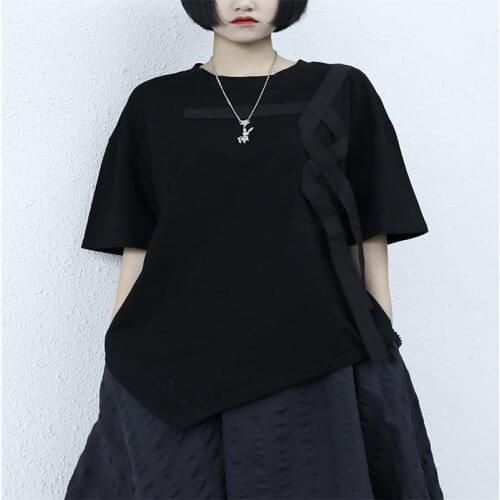 Ladies summer new niche design webbing patchwork irregular loose round collar short sleeve T shirt womens blouse