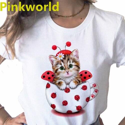 Strawberry Milk And Cute Cat print ladies T-shirt ladies casual basis O-collar white shirt short sleeve ladies T-shirt,Drop Ship