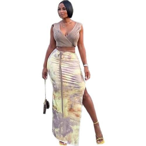 XLLAIS Print Knitting Strechy Beach Two Piece Sets Women Sexy Sleeveless Tank Tops High Waist Split Long Skirts Tracksuit Outfit