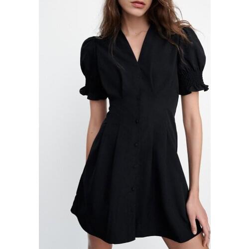 ZA dress 2021 summer new style womens sweet round neck V-shaped neckline puffy sleeves pleated mini dress