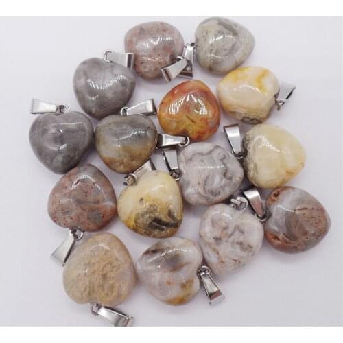 12Pcs 16x7mm Hand-Carved Brown And Gray Crazy Lace Agate Love Heart Pendant Bead For DIY Jewelry Making Necklace Accessories
