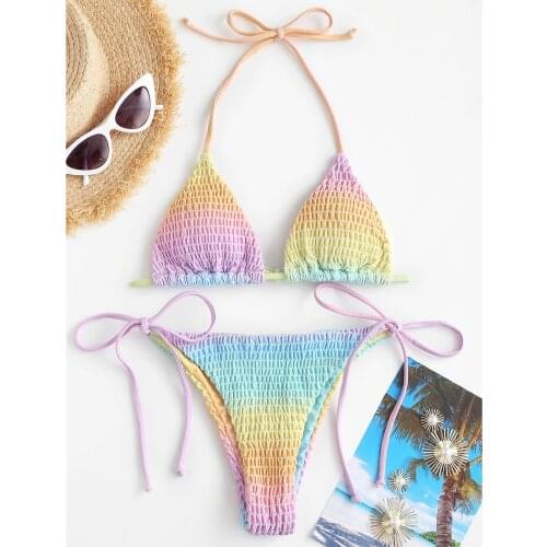 2021 Women Animal Floral Leopard Print Smocked String Drawstring Push Up Bikini Set Mini Thong Bikini Set Two Piece Swimsuit