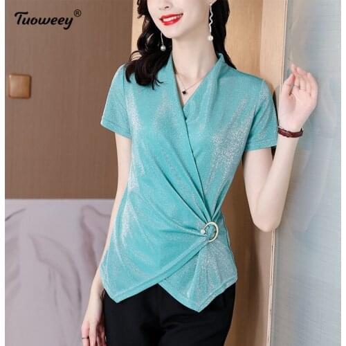 2021 Summer style New Korean Style V-neck Short Sleeve Shirt for Women Office Lady Solid Color Chiffon Blouse Women Tops Blusas