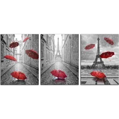 3pc Canvas Prints Paris Black and White with Eiffel Tower Red Umbrellas Flying Wall Art Landscape Wall Decor Paintings on Canvas