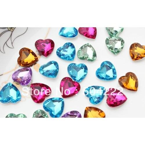 300pcs Colorful Acrylic Shiny Heart Gems Mixed Colors glitter faceted point tip back 16mm quality sparkling beads D25