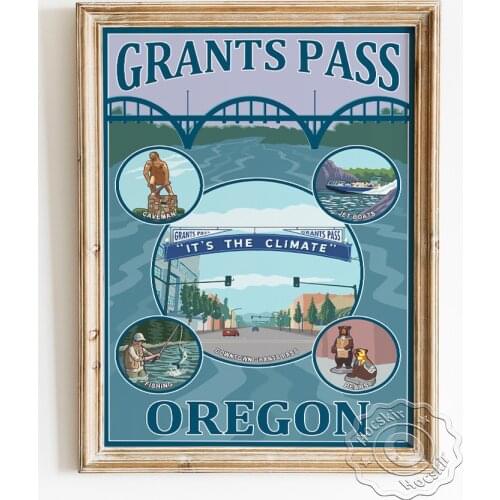 American Travel City Attractions Poster, Grants Pass Scenery Spot Wall Stickers, Caveman Fishing Circus Wall Picture Home Decor
