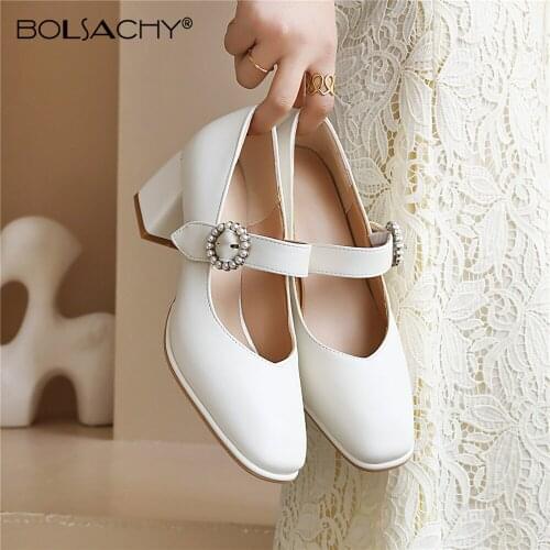Elegant Women Pearl Buckle Square Heels Vintage Square Toe Leather Pumps Woman Fashion Mary Jane Shoes Ladies White Apricot Blac