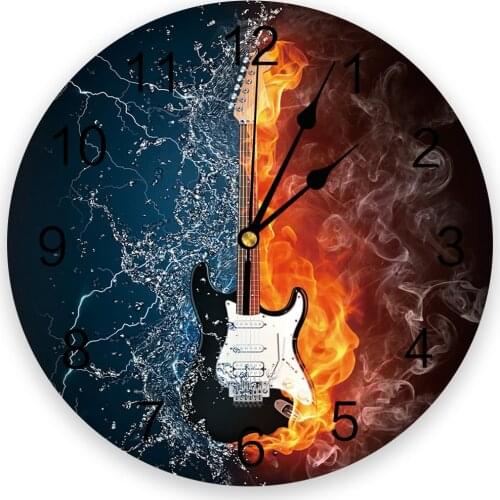 Electric Guitar Water Fire Modern Wall Clock For Home Office Wall Decoration Living Room Bathroom Decor Needle Hanging Watch