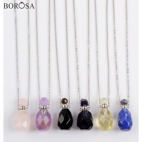 Faceted Gems Stones Perfume Bottle Necklace for Women Agates Rose Crystal Quartz Essential Oil Diffuser Pendant Necklace WX1618