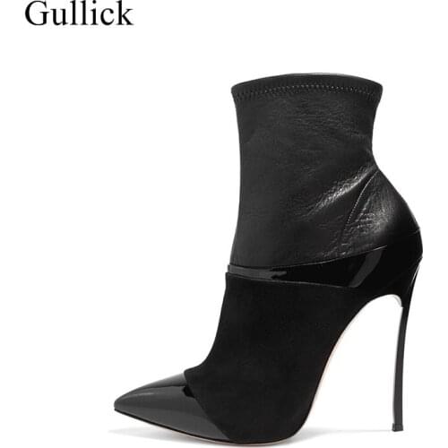 Gullick Hottest Pointed Toe High Heel Boots 12cm/10cm Thin Heels Woman Ankle Boot Sexy Leather Boots Motorcycle Boot Big Size 11