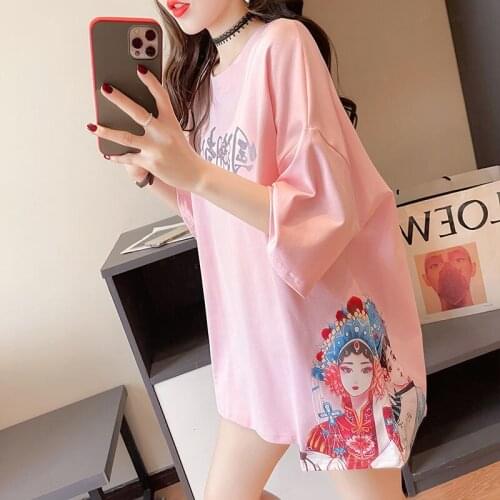 Chinese Style Drama Mask Cotton T-shirt Dress Printed Short-sleeve Women Casual Loose Cheongsam Top Trend Robe Orientale