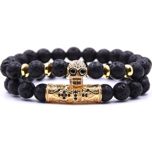 HYHONEY 2pcs/set Micro Pave CZ Skull Tubular Charms Bracelet men Natural stone Beads Bracelet Couple jewelry men gifts pulseras