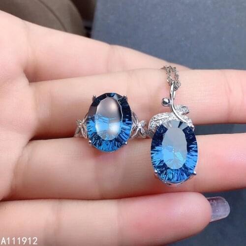 KJJEAXCMY fine jewelry natural blue topaz 925 sterling silver women pendant necklace ring set support test popular hot selling