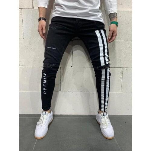 Jeans for Men Skinny Striped Zipper Denim Hole Wash Vintage Hip Hop Work Trousers Slim Printed Jeans European Big Size