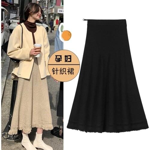 5556# Autumn Winter Knitted Maternity Skirts A line Loose Elastic Waist Belly Skirts Clothes for Pregnant Women Casual Pregnancy