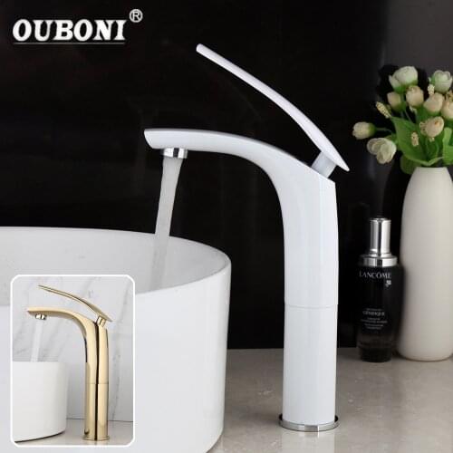 OUBONI Golden Plated Bathroom Basin Sink Faucet Solid Brass Deck Mounted Unique Handle Counter Top Water Basin Mixer Tap Faucet