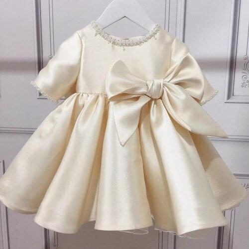 Champagne Baby Girl Dress 1 year Birthday Dress Beads Lace Baptism Vestido Infantil Bowknot Princess Dresses for Wedding Party