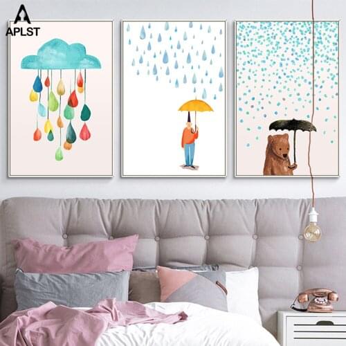 Cartoon Bear Umbrella Nursery Room Canvas Prints & Posters Rainy Day Painting Children Pictures for Kids Baby Infant Room Decor