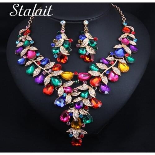 Luxury Leaf Water Drop Colorful Crystal Necklace Earrings Jewelry Sets Party Wedding Prom Trendy Bridal Jewelry Gifts For Women