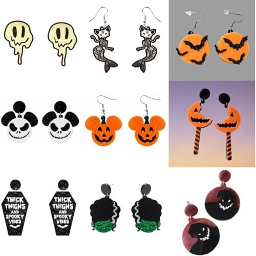 Donarsei Halloween Horror Coffin Witch Drop Earrings For Women Hallowmas Costume Cosplay Spider Black Cat Bat Drop Earring Party