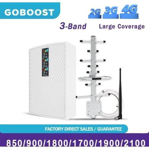 GOBOOST 2G 3G Network Booster Tri-Band 850 900 LTE 1800 Phone 4G Amplifier 1900 4G Antenna DCS Cellular Repeater 70dB A Full Kit