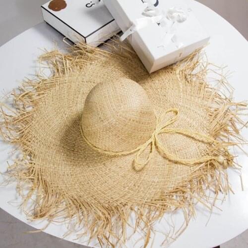 Summer Handmade Women Straw Sun Hats Large Wide Brim Gilrs High Quality Natural Raffia Panama Beach Straw Sun Caps For Holiday