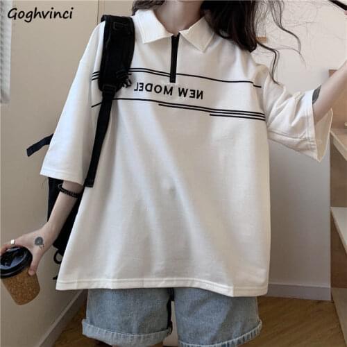 Turn-down Collar Letter T-shirts Women Preppy Loose Simple Half Sleeve Students Korean Style Hip-pop Streetwear T Shirt Oversize