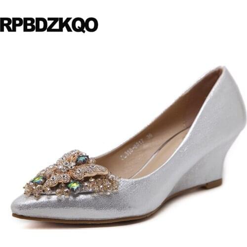 Metal High Heels Jewel Ladies Sexy Women Shoes Rhinestones Glitter Wedge 3 Inch Rhinestone Pointed Toe Medium Bride Size 33