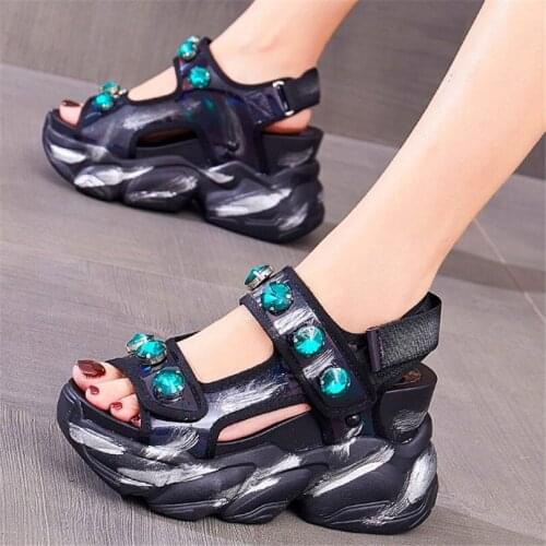 Punk Party Gladiators Womens Rhinestone Cow Leather Sandals Platform Wedge Fashion Sneaker Summer Boots Open Toe High Heels