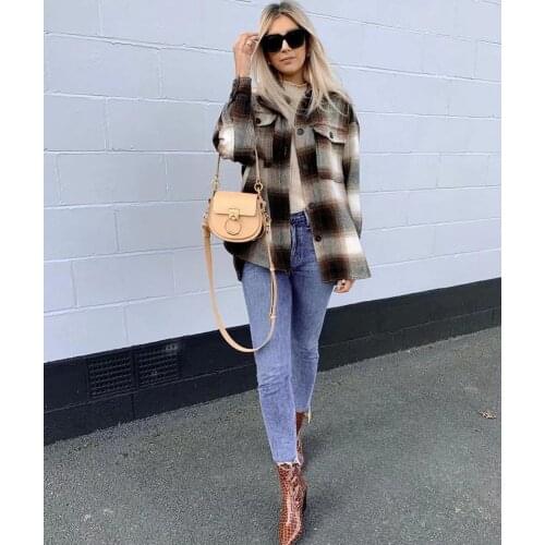 ZA autumn winter Womens plaid Check shirt Plus tweed thick coat Warm Outwear woman Oversize Coats female shirtwear jacket
