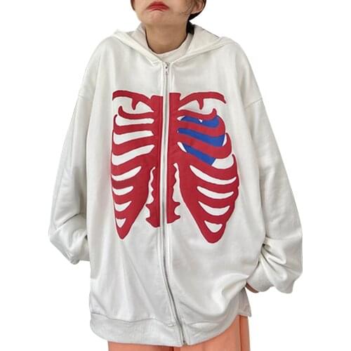 Womens Full Zip Hoodies, Long Sleeve Heart Skeleton Print Loose Hooded Sweatshirts