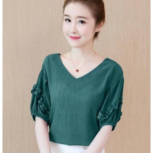 Women Spring Summer Style Chiffon Blouses Shirts Lady Casual Short Lantern Sleeve V-Neck Chiffon Blusas Tops ZZ0763