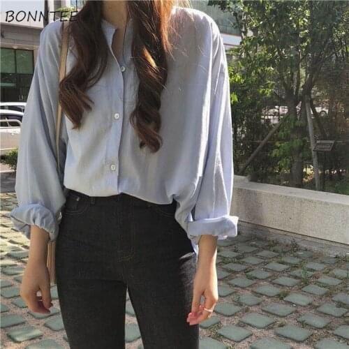 Shirts Women Korean Vintage Blue Thin Summer Sun-proof Long Sleeve Tops Design O-neck All-match Work Wear Trendy Female Casual