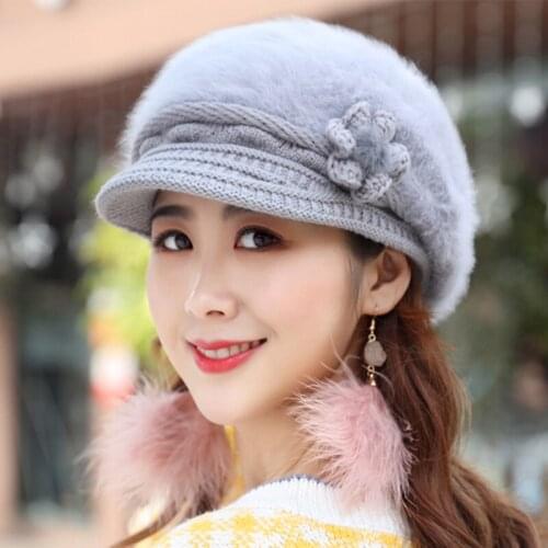 Women Winter Cute Solid Wool Acrylic Knitted Warm Hats Female Warmer Rabbit Hair Flower Breathable Knit Baseball cap Brim K15