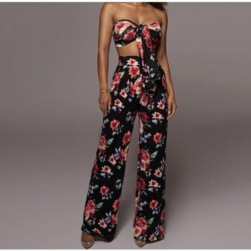 Free Shipping Lady Summer Two-Piece Sexy Floral Print Lace Tube Top + High Waist Trousers High Street Elegant Lace Up Trend Suit