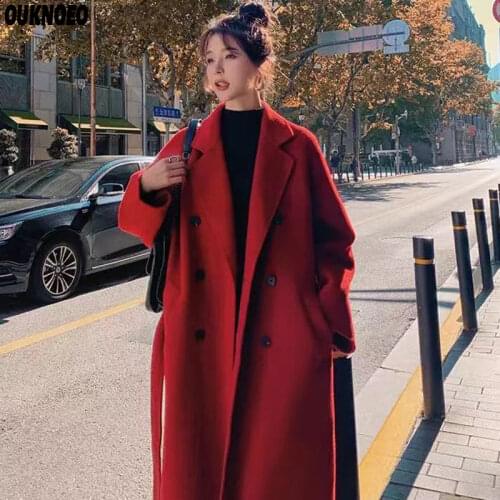Woman Long Coat Black Red Korean Retro Loose Wool Coat Belt Woolen Windbreaker Oversize Fashion Autumn 2021 Women Thick Coat 3Xl