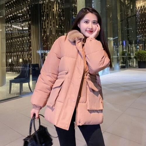 2020 Winter Korean Down Cotton Bread Coat Thick Outerwear Womens Drawstring Waist Faux Rabbit Fur Lapel Warm Jackets Female