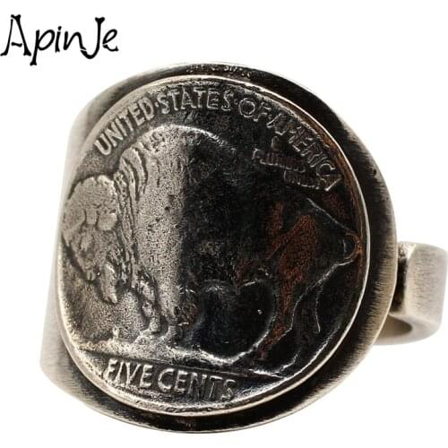 Apinje Animal Coin Jewelry Real 925 Sterling Silver Ring for Men Retro Punk Gothic Open Rings