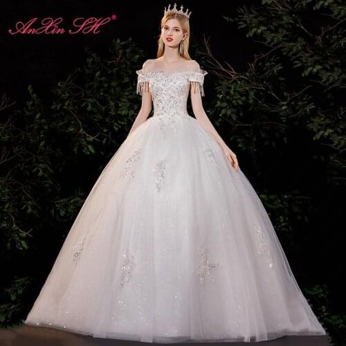 AnXin SH princess french retro flower white lace wedding dress vintage boat neck beading crystal sleeveless bride wedding dress