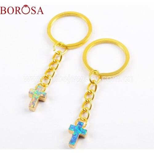 BOROSA Jewelry 10PCS Cross Shape Blue White Manmade Opal Beads Key Chain Japanese Opal Charms Key Chains Fashion Jewelry HD0014