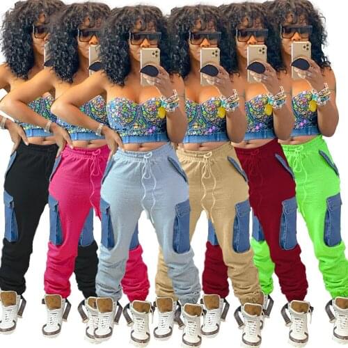 Quick ship High Waist Pants Trousers Leggings Sweat Pants Patchwork Track Jogger Cheap Cargo Pants For Women