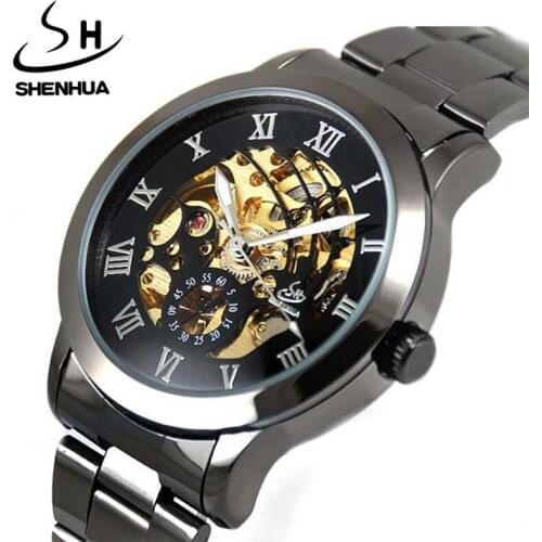 New Mens Watches Luxury Mechanical Watch Men Shenhua Fashion Steampunk Skeleton Automatic Self Wind Watches Stainless Steel