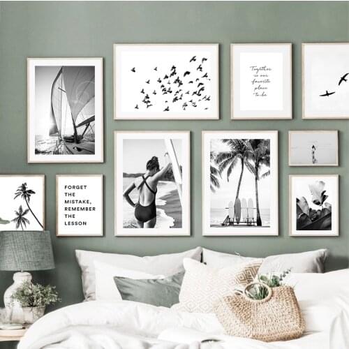 Surfer Girl Surfboard Palm Tree Sailing Wall Art Canvas Painting Nordic Posters And Prints Wall Pictures For Living Room Decor