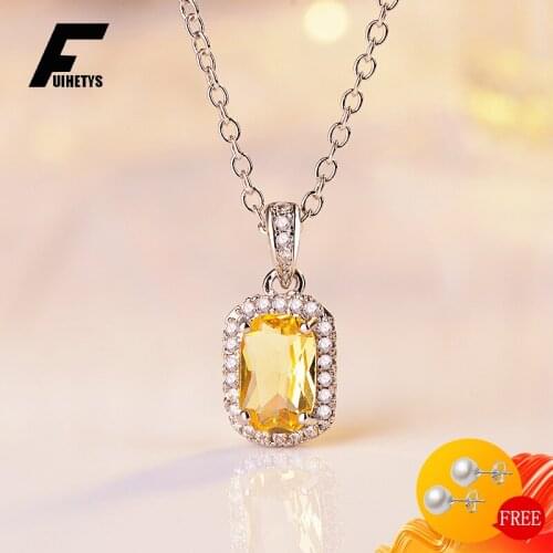 Elegant 925 Silver Jewelry Necklace Rectangle Citrine Zircon Gemstone Pendant for Women Wedding Engagement Accessories Wholesale
