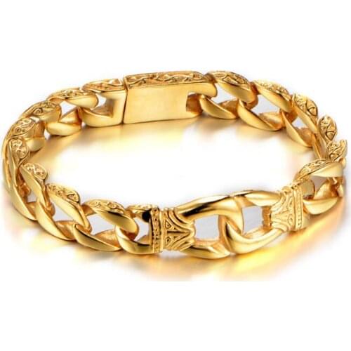 GNAYY Jewelry Gold Stainless Steel Biker Vintage cuban curb chain Bracelet Cool bangle for Men women 14mm 8.66